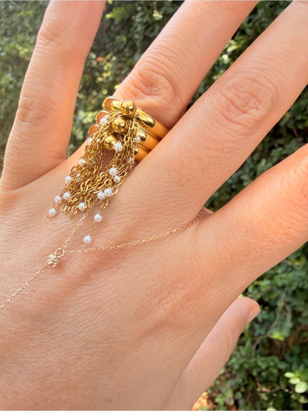 Gold Pearl Tassel Stackable Ring - Brand New! Adjustable - Picture 6 of 9